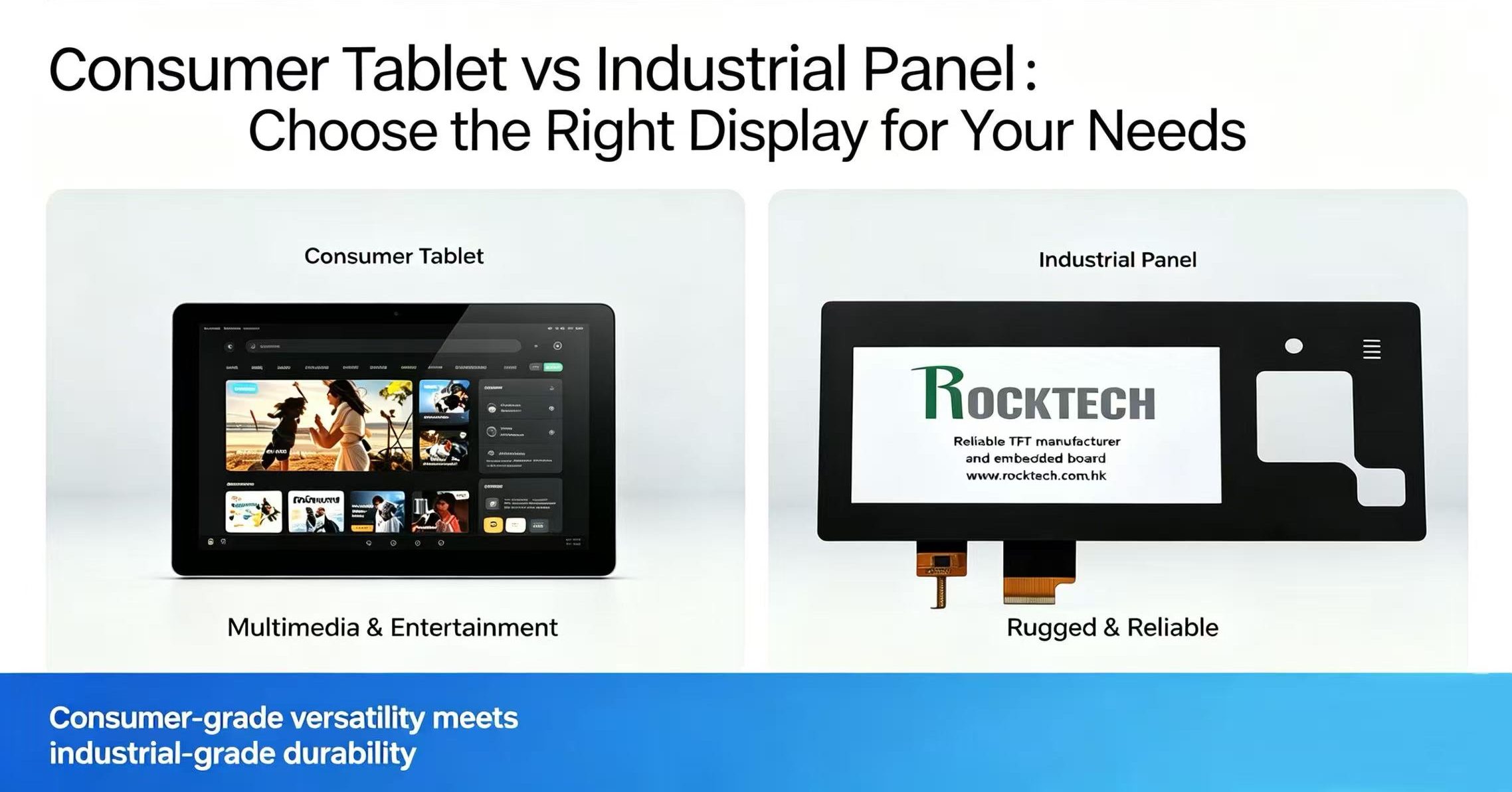 Side-by-side comparison of a consumer tablet and an industrial LCD panel, highlighting their design differences, build quality, and use cases.