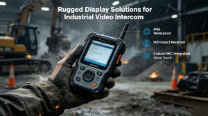 Rugged industrial video intercom with 4.3–5 inch touch display for harsh factory, construction site and outdoor gate environments, featuring IP65 waterproof, IK8 impact resistant, custom SBC integration and glove touch support, industrial gray‑black tech‑blue design