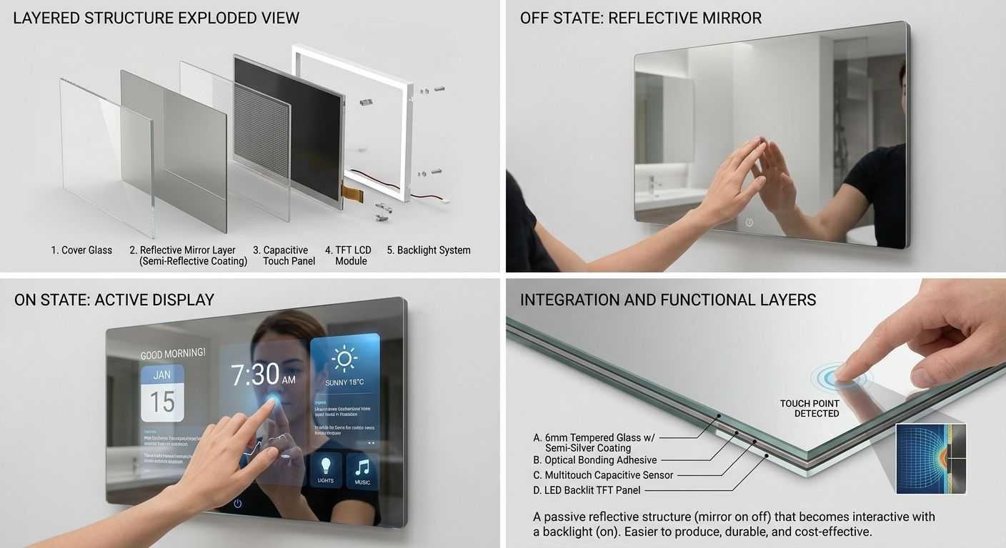 Mirror Touch Screen structure with cover glass, capacitive touch panel, reflective mirror layer and TFT LCD module
