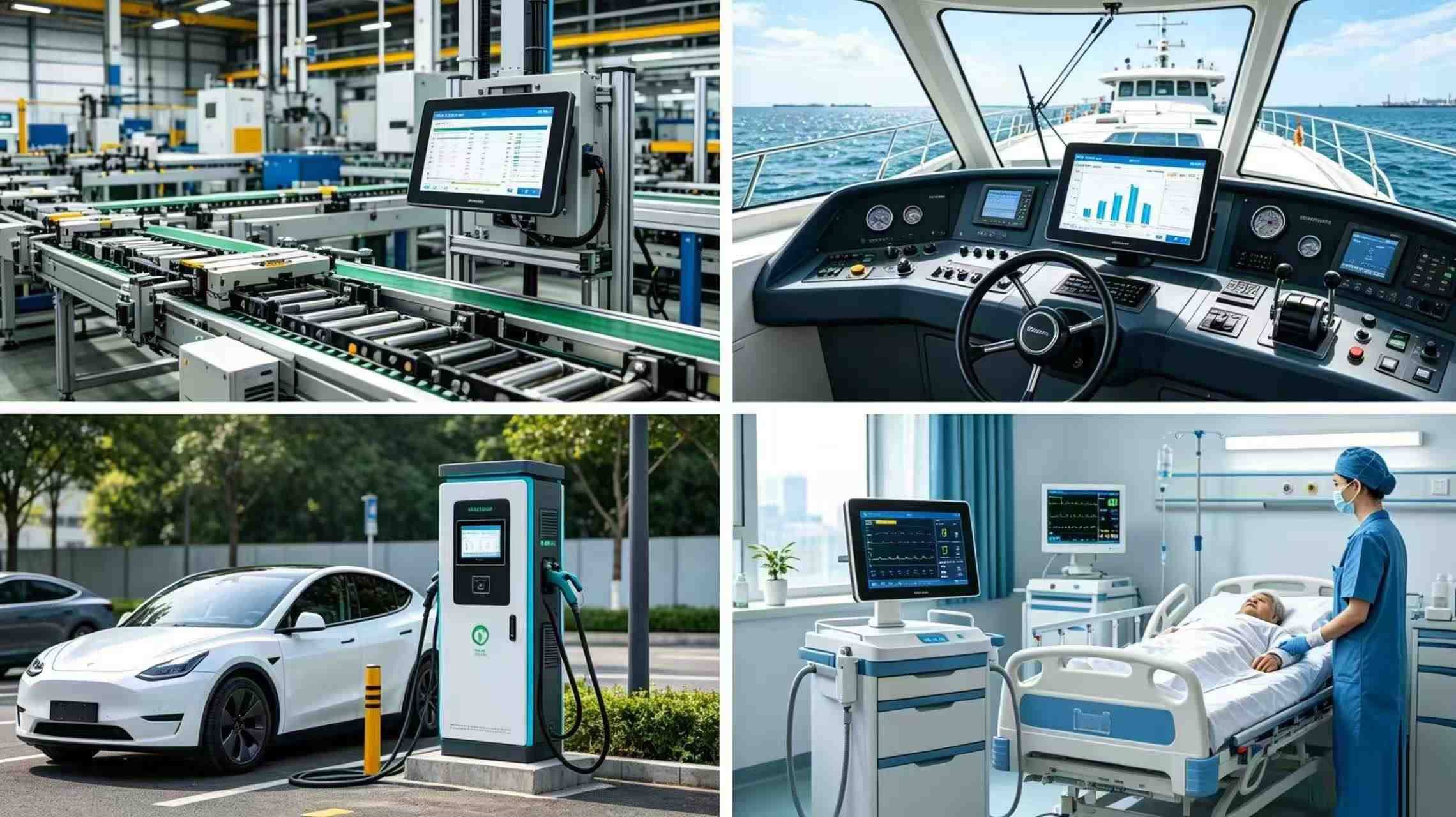 Four-scene collage showing real-world applications of small size Industrial LCD Panel: factory production line, marine ship cockpit, outdoor EV charging station and hospital medical equipment, 5-15.6 inch industrial display in different industrial usage environments.