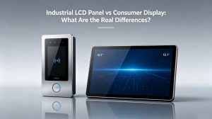 Product comparison graphic of Industrial LCD Panel and Consumer Display: left is 7-inch vertical industrial LCD screen built into smart video doorbell, right is 10.1-inch horizontal consumer tablet display, for analyzing the real differences between industrial and commercial liquid crystal panels.