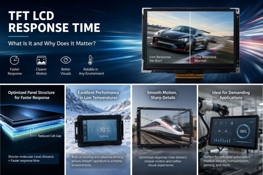 TFT LCD response time comparison showing fast and slow display performance with reduced motion blur for industrial TFT LCD applications.