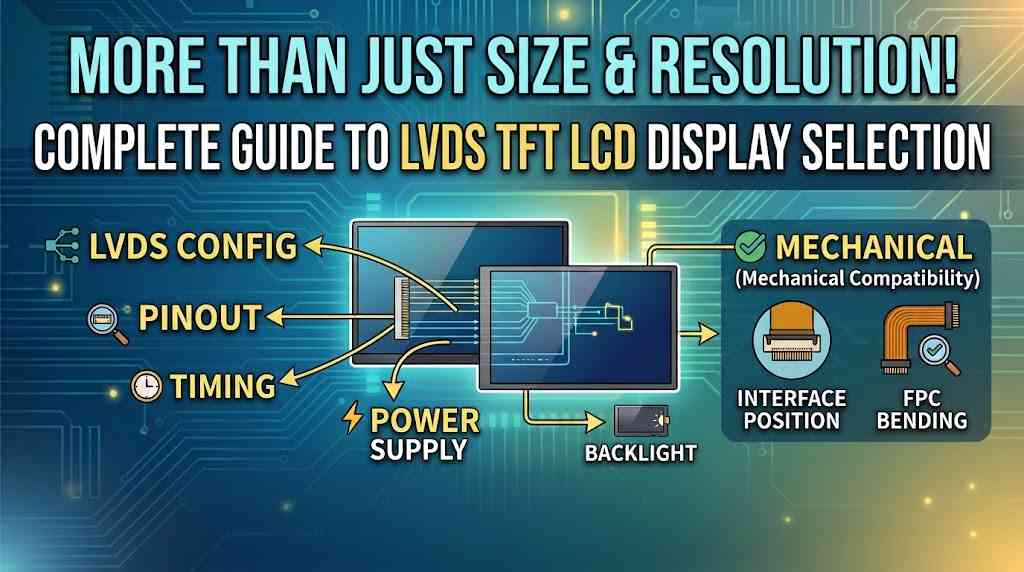 Guide to LVDS TFT LCD replacement visual showing key compatibility factors including LVDS config, pinout, timing, power supply, backlight, interface position, and FPC bending.