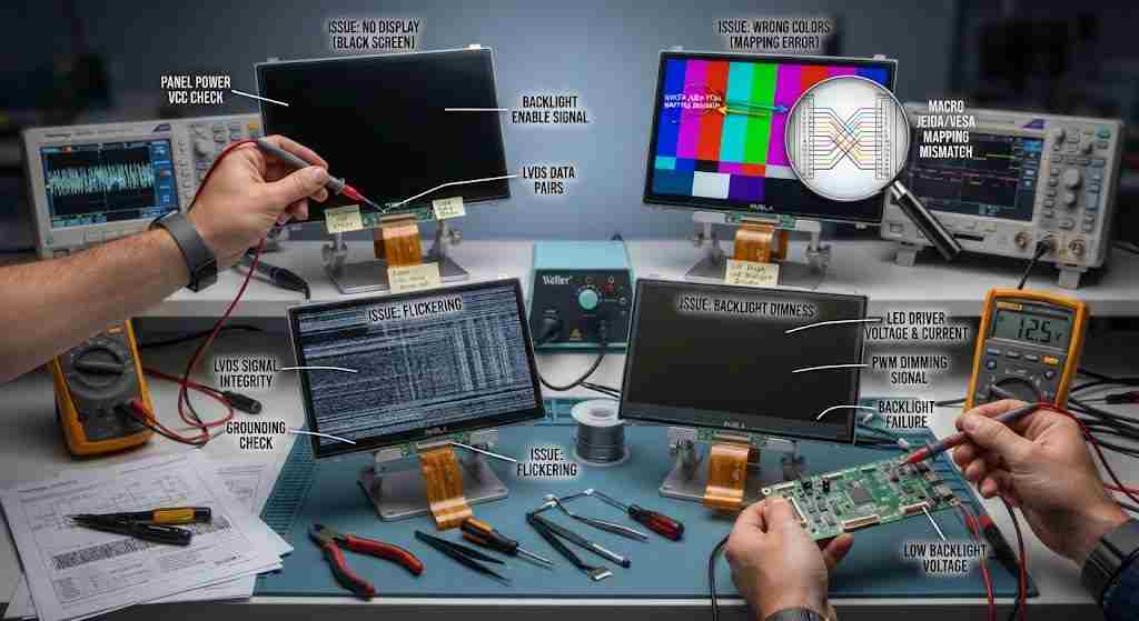 Industrial electronics bench setup for troubleshooting LVDS TFT LCD display replacements, showing oscilloscope testing, multimeter probes, and display module issues like black screen, flickering, wrong color mapping, and backlight failure.