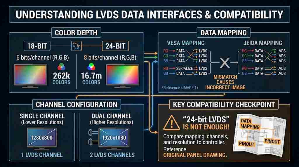 Technical infographic for LVDS display compatibility. Sections cover color depth (18-bit vs 24-bit), VESA vs JEIDA data mapping, single vs dual channel configuration, and the importance of checking original panel drawings.